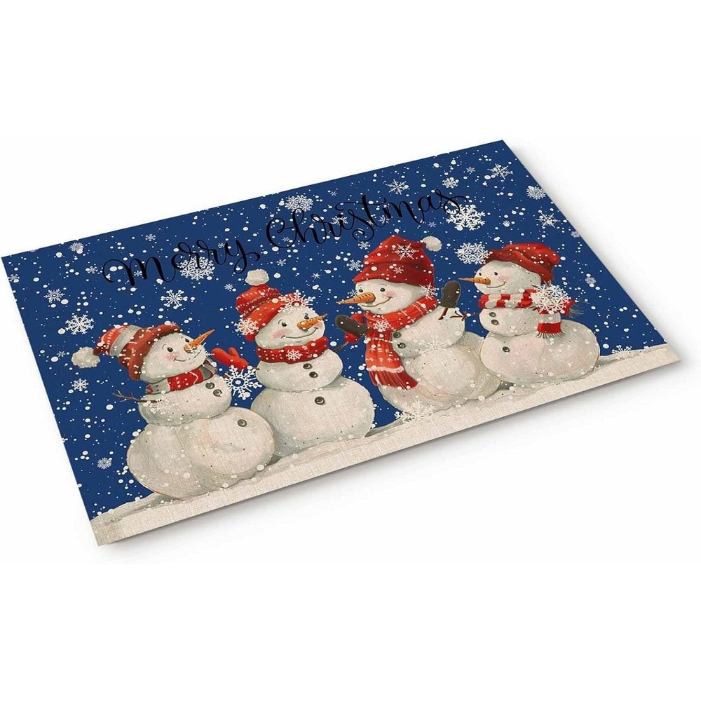 Mat Christmas Snowman Watercolor Snowflakes Hand Painted Retro Blue Door Mat